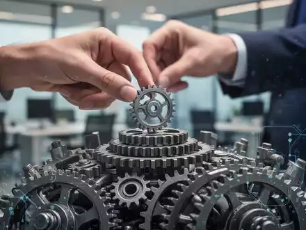 Eine Hand platziert ein kleines Zahnrad auf einem komplexen Mechanismus, der Kosteneinsparungen und KI-Integration symbolisiert. - Foto: über boerse-global.de