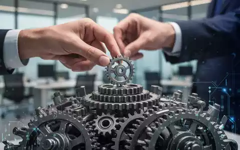 Eine Hand platziert ein kleines Zahnrad auf einem komplexen Mechanismus, der Kosteneinsparungen und KI-Integration symbolisiert. - Foto: über boerse-global.de