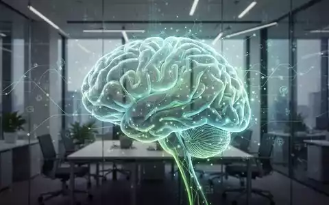 Glühende, abstrakte Darstellung eines KI-Neuronalen Netzes über einem modernen, dezent beleuchteten Büro, symbolisiert technologischen Fortschritt und Unternehmensintegration. - Foto: über boerse-global.de