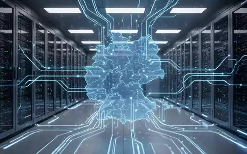 Stilisierte digitale Deutschlandkarte mit leuchtend blauen Linien zu Serverracks, Symbol für technologische Reform und Digitalisierung. - Foto: über boerse-global.de