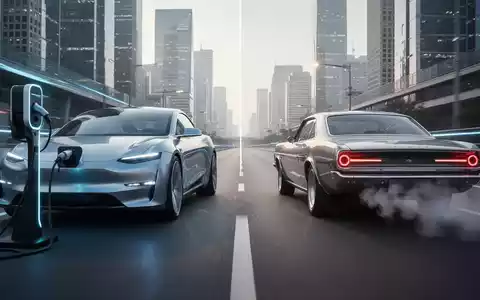 Ein modernes Elektroauto lädt an einer Säule, daneben ein klassisches Verbrennerfahrzeug auf einer Straße. Symbolisiert Kfz-Steuer und Emissionen. - Foto: über boerse-global.de