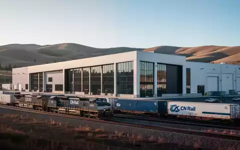 Eine moderne Industrieanlage mit einem CN Rail Zug im Vordergrund, der Effizienz und Logistik in Alberta symbolisiert. - Foto: über boerse-global.de