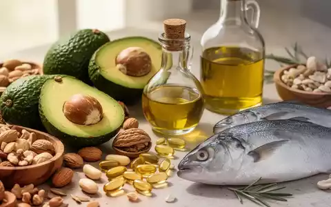 Nahaufnahme von Lebensmitteln, die reich an Vitamin D und gesunden Fetten sind, darunter Avocados, Nüsse, Olivenöl und Fisch. - Foto: über boerse-global.de
