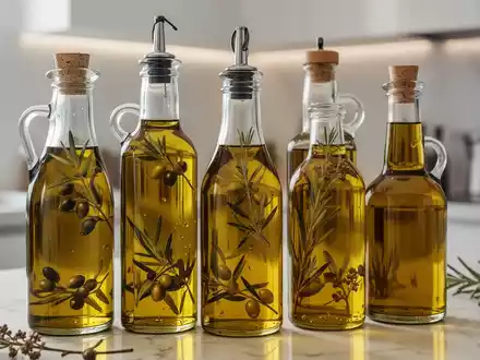 Nahaufnahme verschiedener Speiseöle in eleganten Glasflaschen auf einer Küchenarbeitsplatte, die Qualität und Gesundheit symbolisieren. - Foto: über boerse-global.de