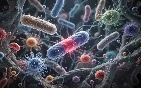Nahaufnahme einer vielfältigen Ansammlung von Darmbakterien und Pilzen, die ein komplexes, leuchtendes Mikrobiom bilden. - Foto: über boerse-global.de