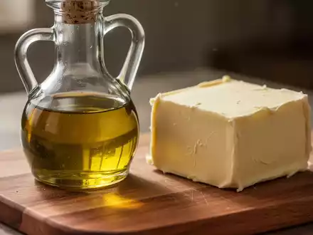 Eine Glaskaraffe mit Olivenöl und ein Stück Butter auf einem Holzbrett, die unterschiedliche Speisefette symbolisieren. - Foto: über boerse-global.de
