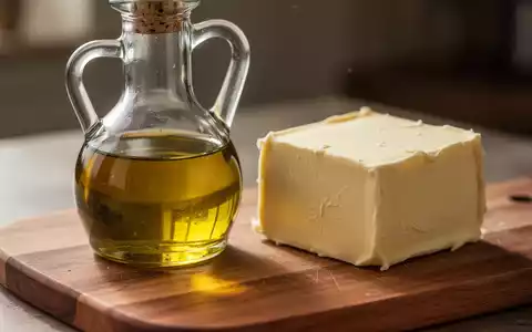 Eine Glaskaraffe mit Olivenöl und ein Stück Butter auf einem Holzbrett, die unterschiedliche Speisefette symbolisieren. - Foto: über boerse-global.de