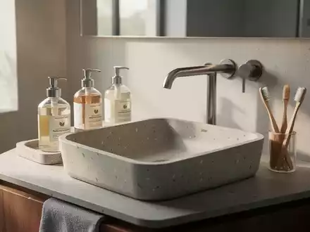Ein modernes Badezimmer mit minimalistischem Design, nachhaltigen Produkten wie nachfüllbaren Seifenspendern und Bambuszahnbürsten. - Foto: über boerse-global.de