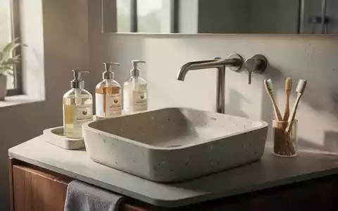 Ein modernes Badezimmer mit minimalistischem Design, nachhaltigen Produkten wie nachfüllbaren Seifenspendern und Bambuszahnbürsten. - Foto: über boerse-global.de