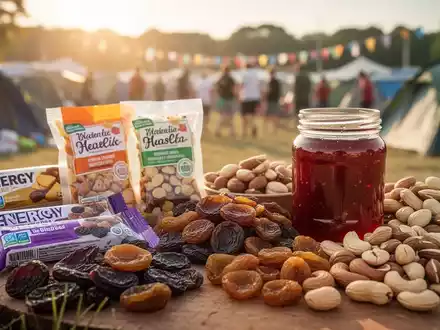 Nahaufnahme von Festival-Essen ohne Kühlung: Müsliriegel, Trockenfrüchte, Nüsse und Marmelade auf einem Campingtisch. - Foto: über boerse-global.de