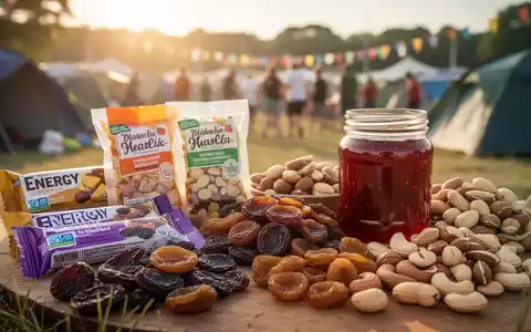 Nahaufnahme von Festival-Essen ohne Kühlung: Müsliriegel, Trockenfrüchte, Nüsse und Marmelade auf einem Campingtisch. - Foto: über boerse-global.de