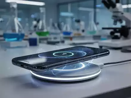Ein modernes Smartphone wird kabellos auf einem Ladepad geladen, mit einer dezenten Energieaura und verschwommenem Laborhintergrund. - Foto: über boerse-global.de