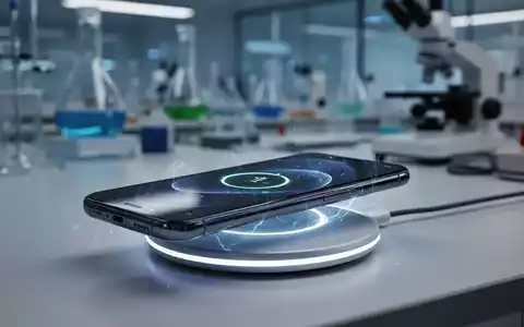 Ein modernes Smartphone wird kabellos auf einem Ladepad geladen, mit einer dezenten Energieaura und verschwommenem Laborhintergrund. - Foto: über boerse-global.de