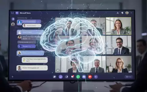 Stilisierte KI-Gehirnschnittstelle über Microsoft Teams-Meeting, diverse Fachleute in Videokonferenz-Raster. - Foto: über boerse-global.de