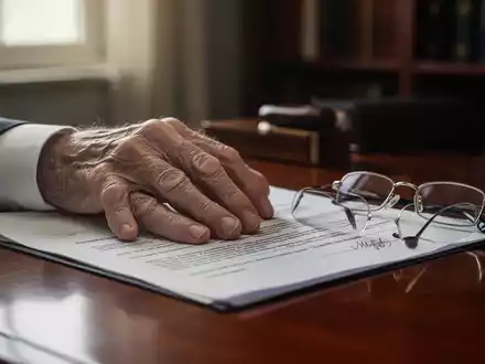 Eine ältere Hand ruht nachdenklich auf einem Testament, daneben eine Brille. Symbolisiert rechtliche Entscheidungen und Erbschaft. - Foto: über boerse-global.de