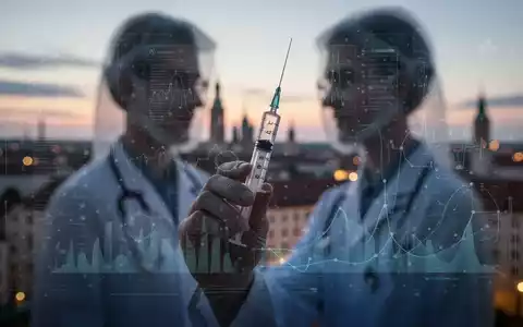 Eine Hand hält eine medizinische Spritze vor dem unscharfen Hintergrund der Münchner Skyline bei Sonnenuntergang. - Foto: über boerse-global.de