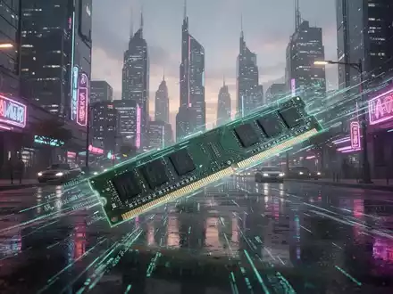 Neonbeleuchtete futuristische Stadtsilhouette in der Dämmerung, im Vordergrund ein leuchtender RAM-Riegel als Symbol für hohe Hardwareanforderungen. - Foto: über boerse-global.de