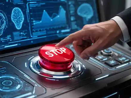 Eine Hand drückt einen roten Stopp-Knopf vor einem Hintergrund mit KI-Datenvisualisierungen, symbolisiert KI-Verbote in Unternehmen. - Foto: über boerse-global.de