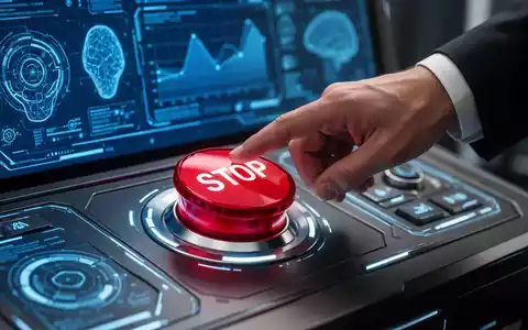 Eine Hand drückt einen roten Stopp-Knopf vor einem Hintergrund mit KI-Datenvisualisierungen, symbolisiert KI-Verbote in Unternehmen. - Foto: über boerse-global.de
