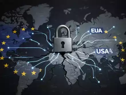Ein digitales Vorhängeschloss über einer Karte, die den Datenfluss zwischen der EU und den USA zeigt, mit einem Riss in der Verbindung. - Foto: über boerse-global.de