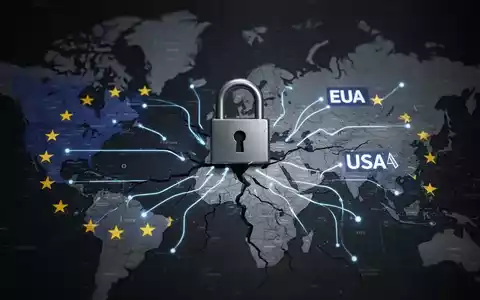 Ein digitales Vorhängeschloss über einer Karte, die den Datenfluss zwischen der EU und den USA zeigt, mit einem Riss in der Verbindung. - Foto: über boerse-global.de