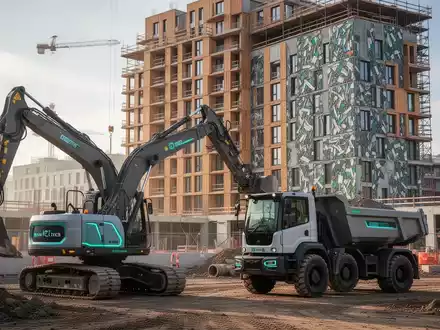 Elektrische Baumaschinen auf einer modernen Baustelle mit einem nachhaltigen Gebäude im Hintergrund, das Kreislaufwirtschaft und Innovation symbolisiert. - Foto: über boerse-global.de