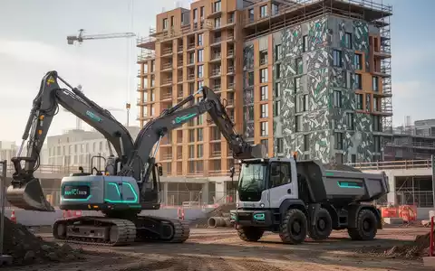 Elektrische Baumaschinen auf einer modernen Baustelle mit einem nachhaltigen Gebäude im Hintergrund, das Kreislaufwirtschaft und Innovation symbolisiert. - Foto: über boerse-global.de