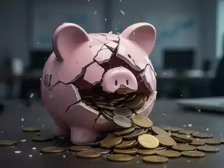 Eine zerbrochene Spardose mit herausfallenden Münzen, die Unternehmensinsolvenzen symbolisiert, vor einem verschwommenen Bürohintergrund. - Foto: über boerse-global.de