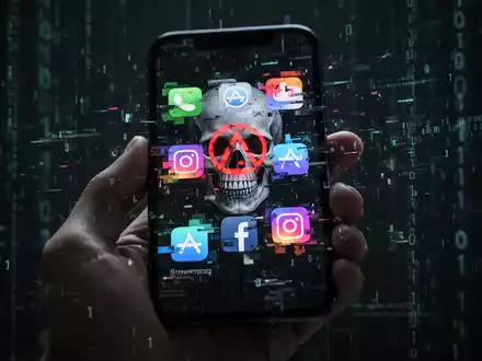 Eine Hand hält ein Smartphone mit einem glitzernden, fragmentierten Streaming-App-Symbol, das Gefahr und Cybersicherheitsprobleme darstellt. - Foto: über boerse-global.de