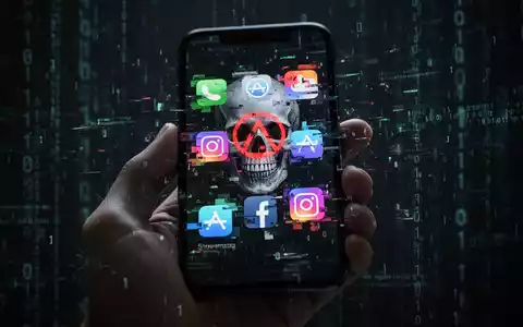 Eine Hand hält ein Smartphone mit einem glitzernden, fragmentierten Streaming-App-Symbol, das Gefahr und Cybersicherheitsprobleme darstellt. - Foto: über boerse-global.de