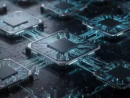 Nahaufnahme futuristischer Mikrochips mit leuchtend blauen und violetten Schaltkreisen, die KI-Technologie und fortschrittliche Prozessoren darstellen. - Foto: über boerse-global.de