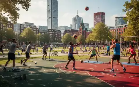 Eine vielfältige Gruppe von Menschen nimmt an verschiedenen Sportaktivitäten in einem Hamburger Stadtpark teil. - Foto: über boerse-global.de