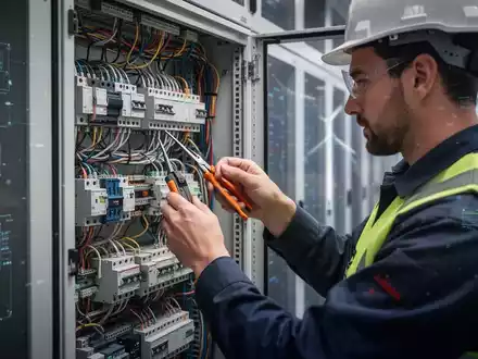 Ein Elektriker arbeitet präzise an komplexen Kabeln in einem modernen Schaltschrank. Im Hintergrund sind angedeutete Rechenzentren und erneuerbare Energien zu sehen. - Foto: über boerse-global.de
