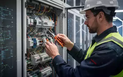 Ein Elektriker arbeitet präzise an komplexen Kabeln in einem modernen Schaltschrank. Im Hintergrund sind angedeutete Rechenzentren und erneuerbare Energien zu sehen. - Foto: über boerse-global.de