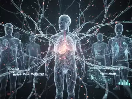 Abstrakte Darstellung von vernetzten Linien und menschlichen Silhouetten, die ganzheitliche Schmerzmedizin und Digitalisierung symbolisieren. - Foto: über boerse-global.de