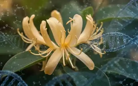 Nahaufnahme einer Japanischen Geißblattblüte mit angedeuteten RNA-Strängen im Hintergrund, symbolisch für Forschung und Naturmedizin. - Foto: über boerse-global.de