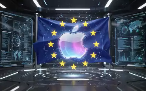 Holografisches Siri-AI-Logo mit EU-Flagge, symbolisiert Verhandlungen zwischen Apple und EU über KI-Regulierung. - Foto: über boerse-global.de