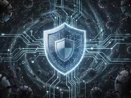 Eine abstrakte Darstellung von Datenresilienz: Leuchtende digitale Schaltkreise verschmelzen mit einem Schutzschild vor dunklen Cyberbedrohungen. - Foto: über boerse-global.de