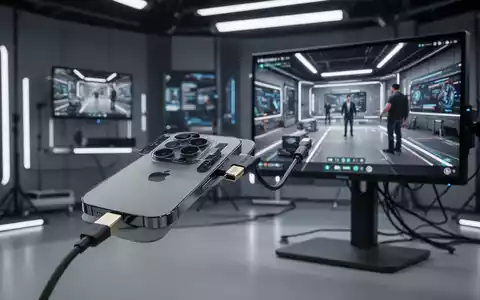 iPhone 17 Pro per HDMI-Kabel mit professionellem externen Monitor verbunden, zeigt sauberes Videobild im Studio. - Foto: über boerse-global.de