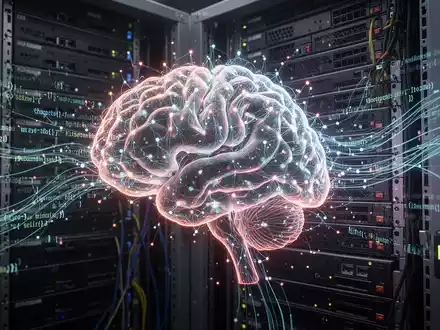Leuchtendes neuronales Netz-Gehirn über Serverrack, mit Codezeilen verbunden, symbolisiert KI in Softwareentwicklung. - Foto: über boerse-global.de