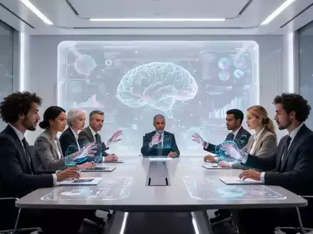 Fachleute in einem futuristischen Konferenzraum interagieren mit einem großen, durchscheinenden Bildschirm, der KI-generierte Präsentationen und Daten anzeigt. - Foto: über boerse-global.de