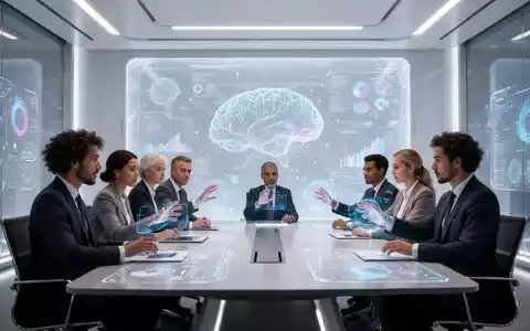 Fachleute in einem futuristischen Konferenzraum interagieren mit einem großen, durchscheinenden Bildschirm, der KI-generierte Präsentationen und Daten anzeigt. - Foto: über boerse-global.de