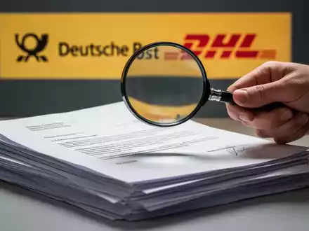 Eine Hand hält eine Lupe über einen Stapel Geschäftsbriefe vor einem verschwommenen DHL-Logo. - Foto: über boerse-global.de