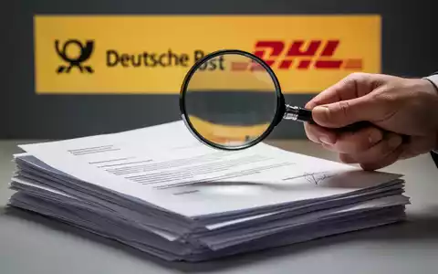 Eine Hand hält eine Lupe über einen Stapel Geschäftsbriefe vor einem verschwommenen DHL-Logo. - Foto: über boerse-global.de