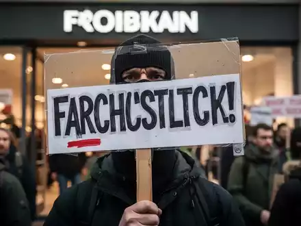 Nahaufnahme eines Protestschilds, das von einem Demonstranten vor einem Einzelhandelsgeschäft gehalten wird, mit weiteren Protestierenden im Hintergrund. - Foto: über boerse-global.de