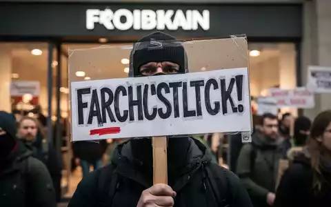 Nahaufnahme eines Protestschilds, das von einem Demonstranten vor einem Einzelhandelsgeschäft gehalten wird, mit weiteren Protestierenden im Hintergrund. - Foto: über boerse-global.de