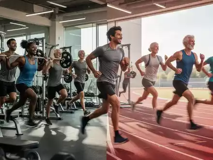 Eine Gruppe von Menschen unterschiedlichen Alters, die sowohl Krafttraining als auch Ausdauertraining absolvieren und Gesundheit symbolisieren. - Foto: über boerse-global.de