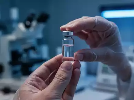 Eine Nahaufnahme einer Hand, die ein kleines Glasfläschchen hält, mit unscharfem medizinischem Hintergrund, symbolisiert neue Therapien für rheumatoide Arthritis. - Foto: über boerse-global.de