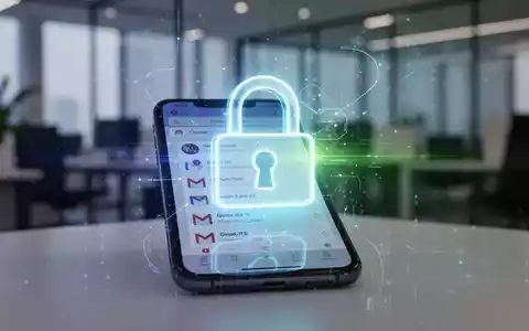 Stilisierte, leuchtende Vorhängeschloss-Ikone auf Smartphone-Bildschirm mit Gmail-Posteingang, unscharfes Büro im Hintergrund. - Foto: über boerse-global.de