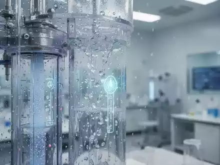 Nahaufnahme einer fortschrittlichen Wasserfilteranlage mit Wassertropfen und Leuchtanzeigen in einem japanischen Labor. - Foto: über boerse-global.de